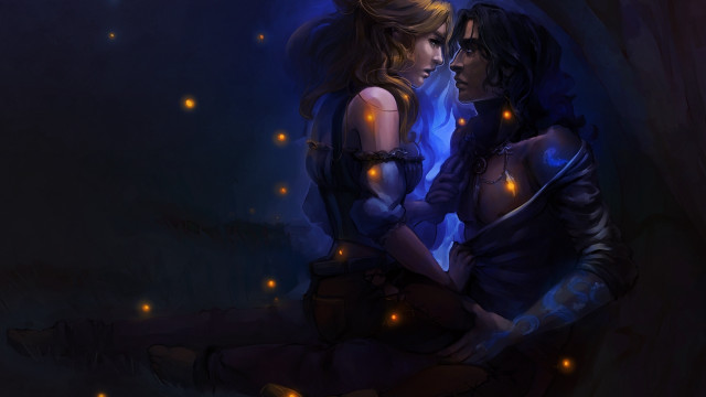 Forest fireflies twowomen night fantasy free wallpaper - medium preview image