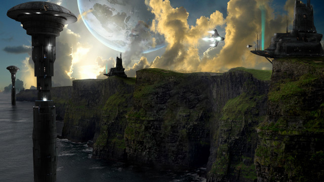 Futuristic cliff lighthouse moon castle free wallpaper - medium preview image