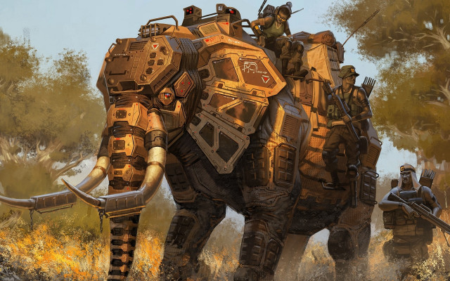 Elephant riders mecha afrofuturism outdoors free wallpaper - medium preview image