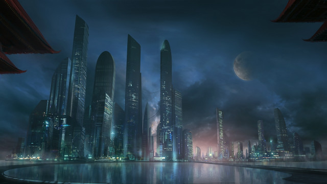 Futuristic city night moon matte free wallpaper - medium preview image