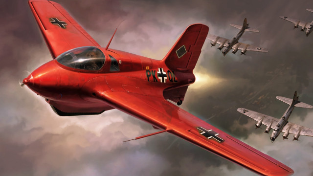 Red fighter plane formation cloudy free wallpaper - medium preview image