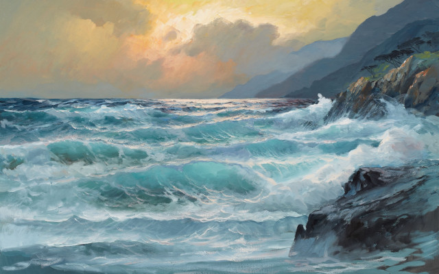 Rocky cliff waves sunset ocean free wallpaper - medium preview image
