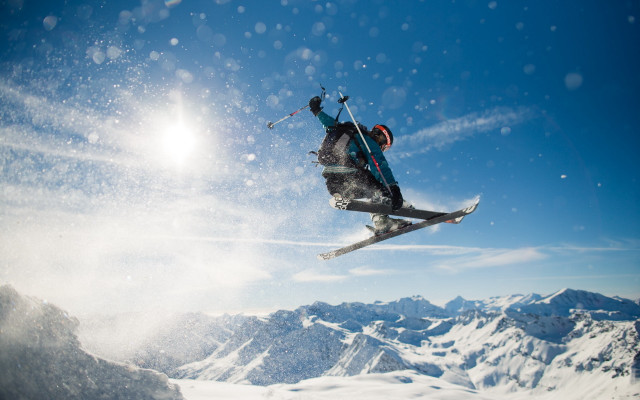 Skier air mountains sunset stars free wallpaper - medium preview image