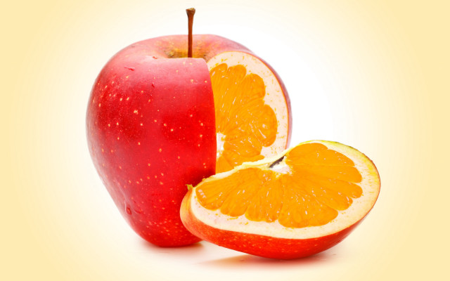 Apple orange halves yellow background free wallpaper - medium preview image