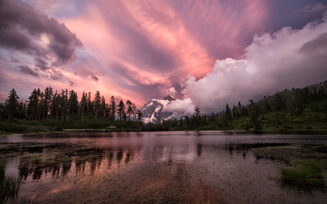 Lake mountain forest sunset clouds free wallpaper - medium preview image