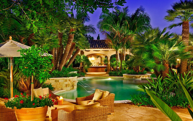Luxury pool palm trees gazebo free wallpaper - medium preview image
