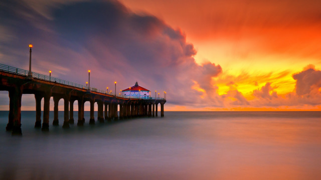 Pier lighthouse sunset clouds matte free wallpaper - medium preview image
