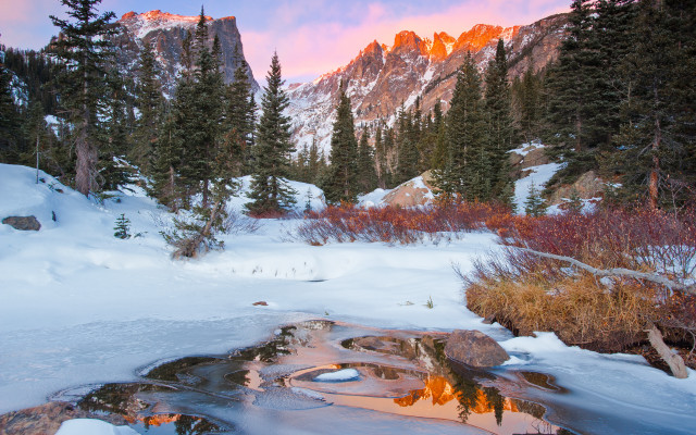 Snowy forest stream mountains sunset #2 free wallpaper - medium preview image