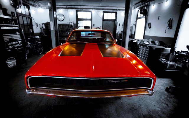 Red car garage man doorway free wallpaper - medium preview image