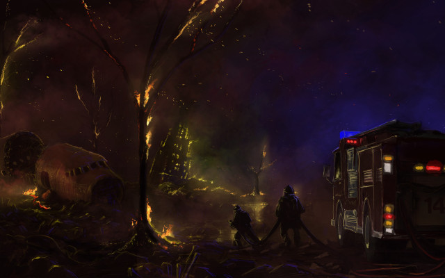 Fire truck fireman hydrant night free wallpaper - medium preview image