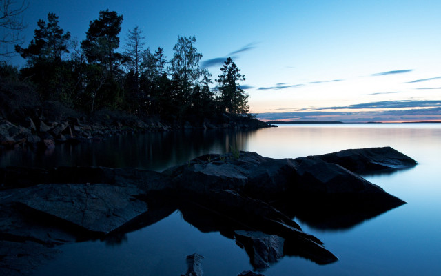Lake rocks forest sunset mountain free wallpaper - medium preview image