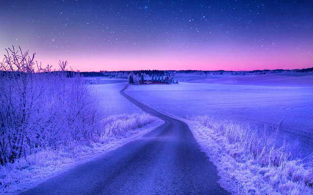 Snowy road house night stars free wallpaper - medium preview image