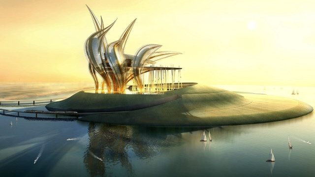 Futuristic building water dock aviation free wallpaper - medium preview image