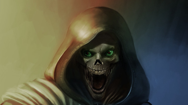 Creepy hooded green eyed digital free wallpaper - medium preview image