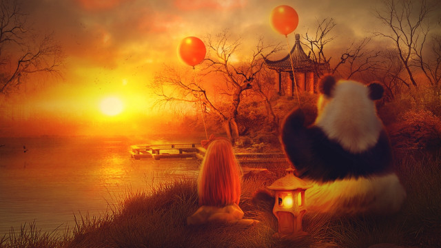 Panda bench lake balloons autumn free wallpaper - medium preview image
