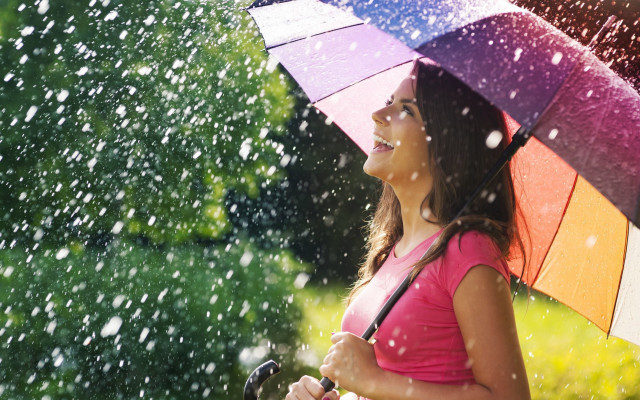 Woman rain umbrella green trees #2 free wallpaper - medium preview image