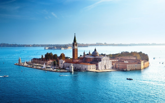 Island clocktower waterboats scenic landscape free wallpaper - medium preview image