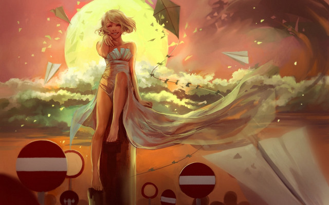 Woman sunset kite beachball blonde free wallpaper - medium preview image