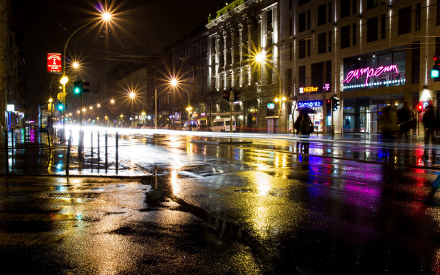 Wet street night person trafficlight free wallpaper - medium preview image