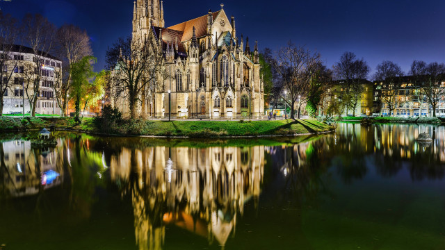 Gothic building tower reflection night free wallpaper - medium preview image