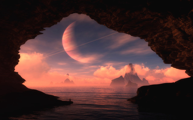 Distant planet cave ocean figure free wallpaper - medium preview image