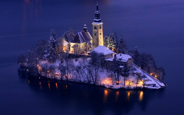 Small island church lit night free wallpaper - medium preview image