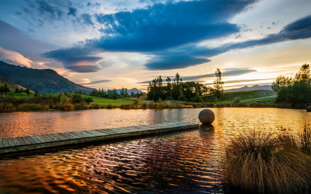 Wooden dock lake hillside sunset free wallpaper - medium preview image