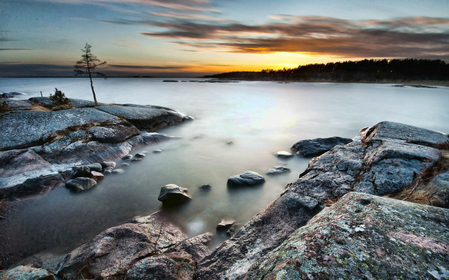 Sunset lake rocks trees mountains free wallpaper - medium preview image