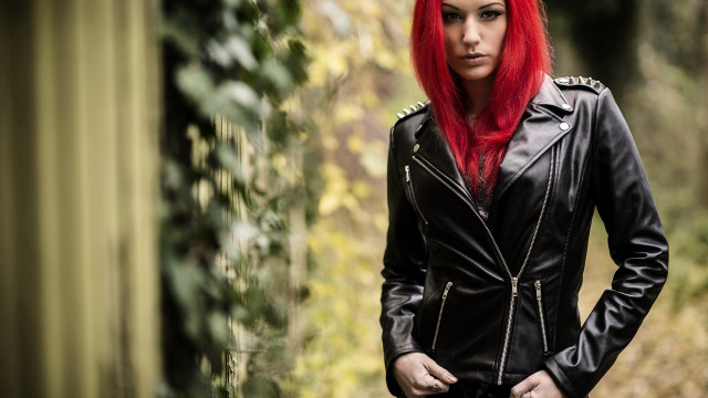 Redhair gothic leatherjacket portrait blurry free wallpaper - medium preview image