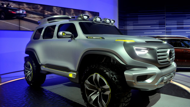 Silver mercedes truck showroom blue free wallpaper - medium preview image