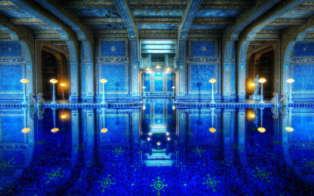 Blue pool skyline lanterns starry free wallpaper - medium preview image