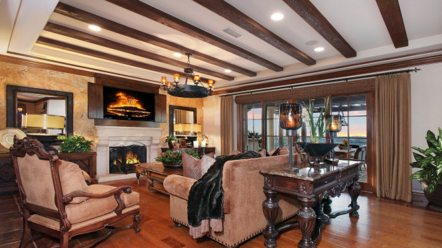 Living room fireplace ocean view free wallpaper - medium preview image
