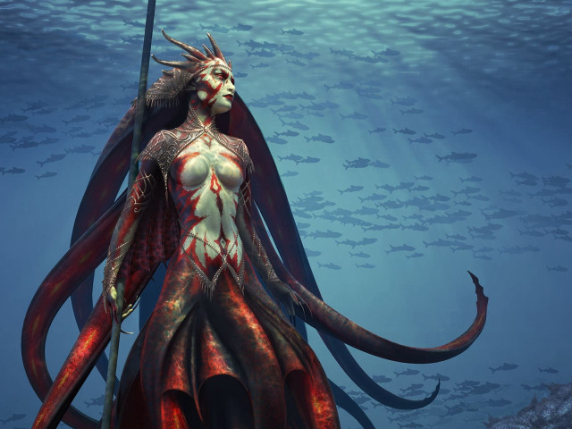 Woman spear giant squid ocean free wallpaper - medium preview image