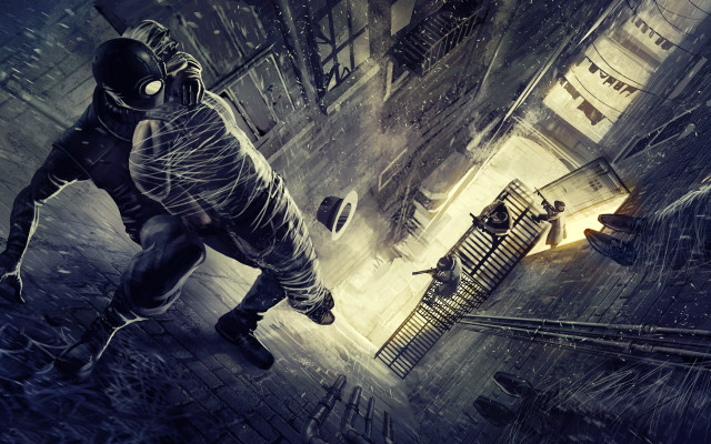 Man gas mask city street #4 free wallpaper - medium preview image