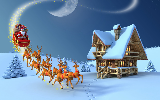 Santa sleigh snow cabin reindeers free wallpaper - medium preview image