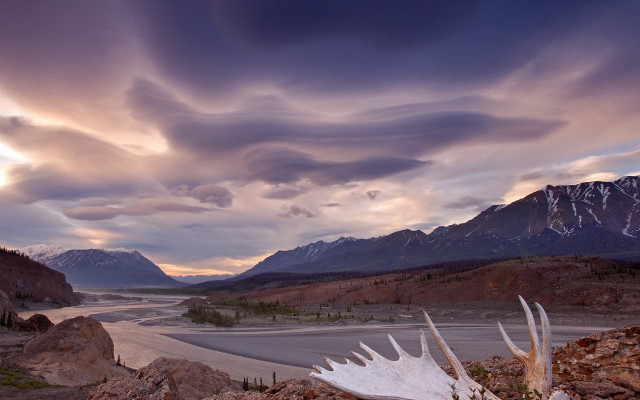 River mountains clouds plants dusk free wallpaper - medium preview image