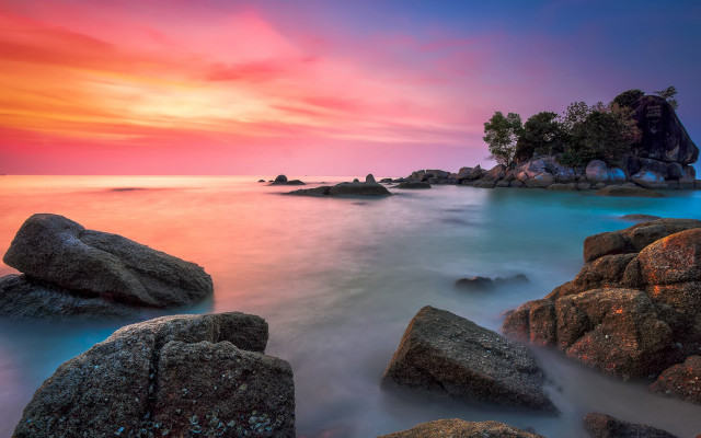 Sunset rocky beach island pink free wallpaper - medium preview image