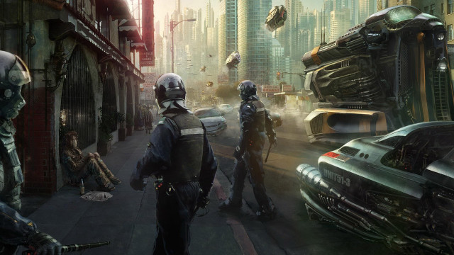 Futuristic city group car truck free wallpaper - medium preview image