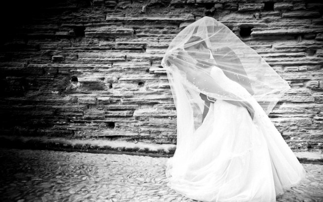 Wedding dress veiled street brick free wallpaper - medium preview image