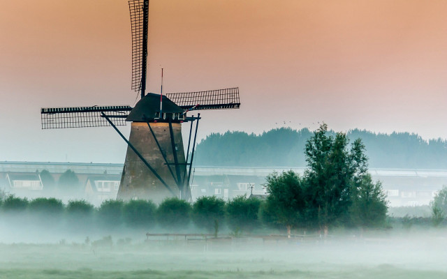 Windmill foggy morning bridge nature free wallpaper - medium preview image
