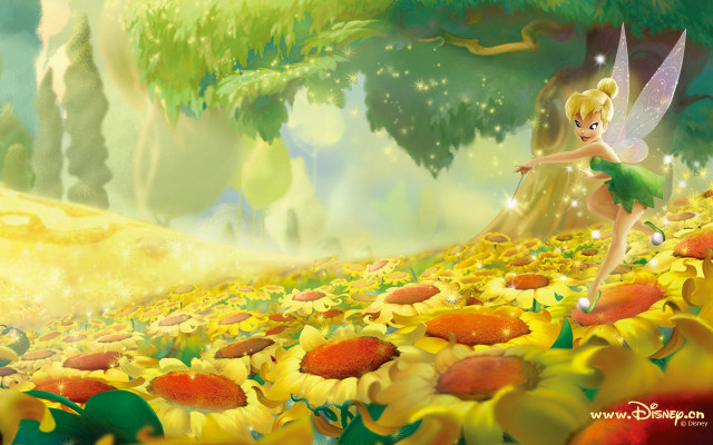 Cartoon tinkerbell sunflowers field tree free wallpaper - medium preview image