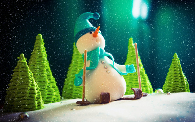 Snowman skis green scarf photorealism free wallpaper - medium preview image