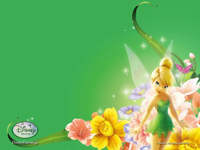 Cartoon tinkerbell flowers green background free wallpaper - medium preview image