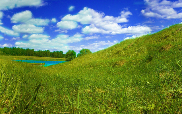 Grassy hill lake clouds blue free wallpaper - medium preview image