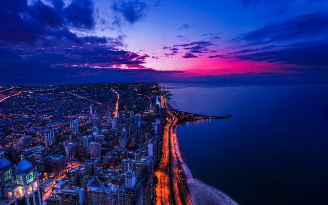 Sunset cityscape reflection bridge tower free wallpaper - medium preview image