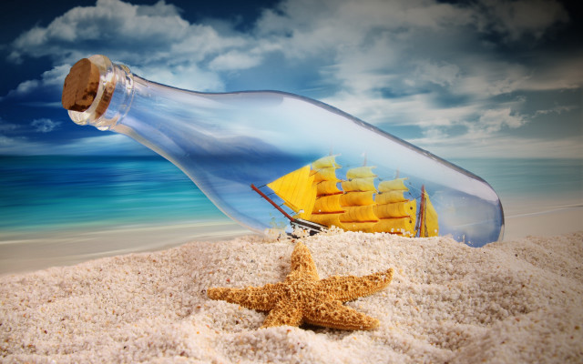 Starfish ship bottle beach sky free wallpaper - medium preview image