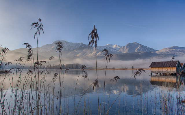 Lake mountain fog reeds house free wallpaper - medium preview image