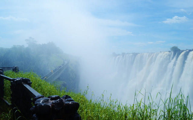 Waterfall foggy sky bench nature free wallpaper - medium preview image