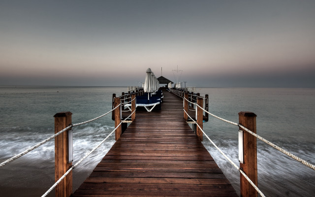 Pier chairs boat dusk ocean free wallpaper - medium preview image