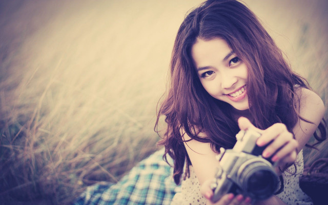 Woman smiling camera field plaid free wallpaper - medium preview image